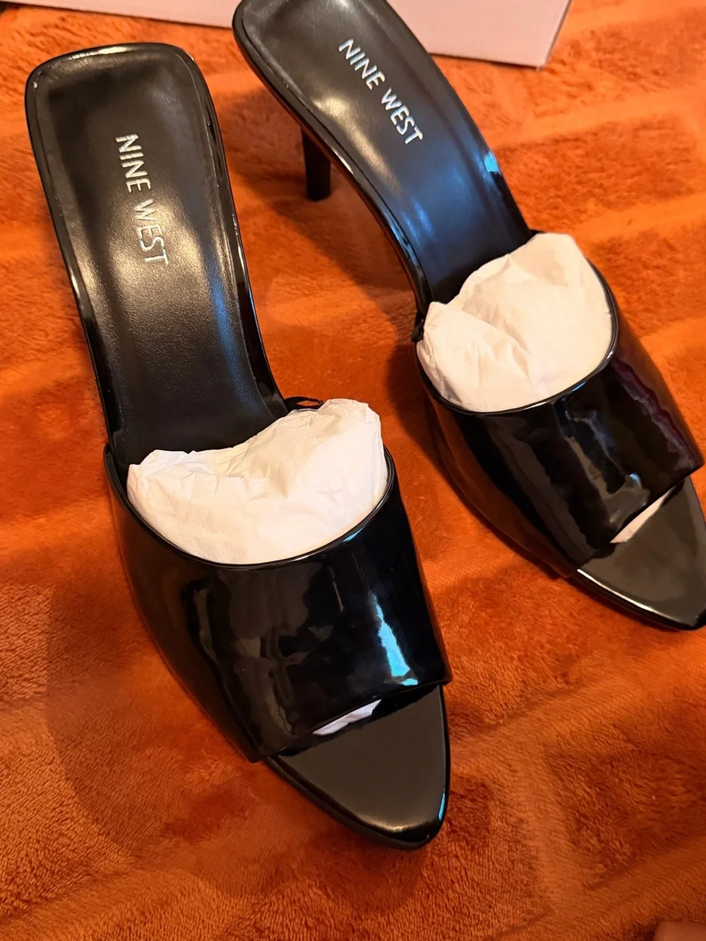 Nine West Black Patent Open-Toe Mule Heels with Stiletto